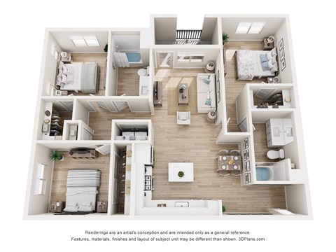 A 3D floor plan of a house with multiple bedrooms and a living area.